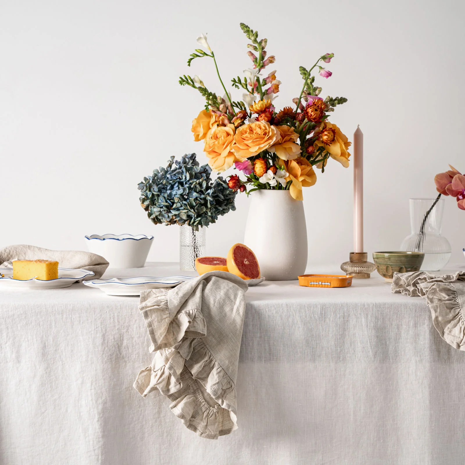 French Flax Linen Ruffles Table Cloth in White - Image 3