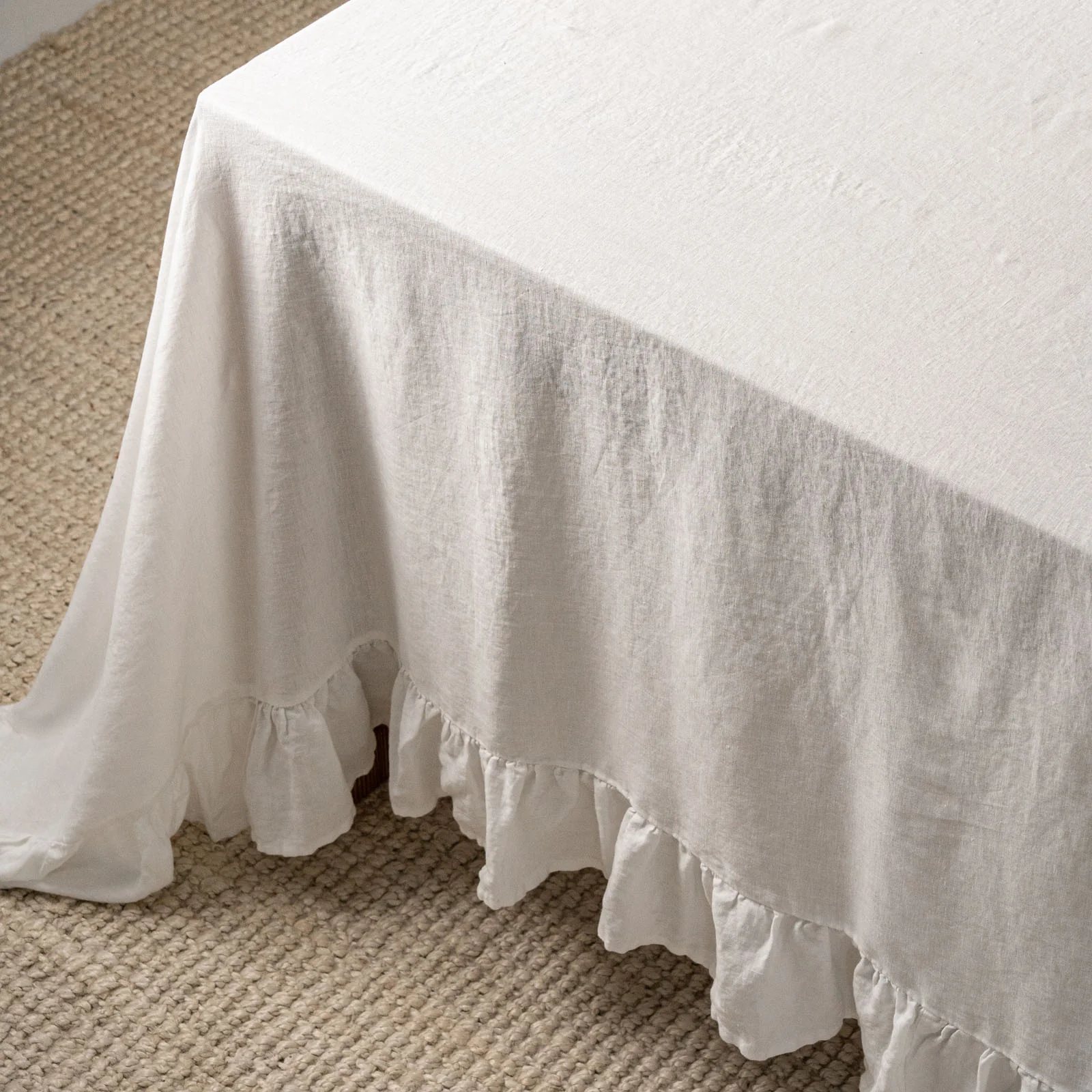French Flax Linen Ruffles Table Cloth in White - Image 5