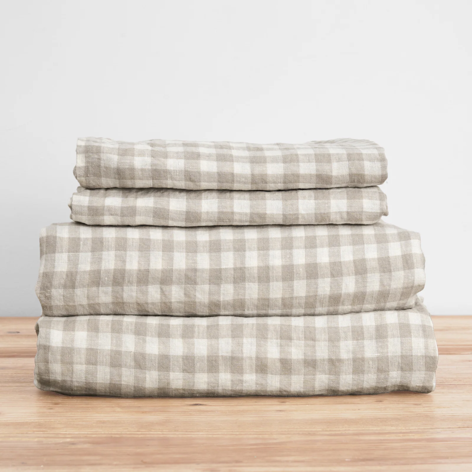 French Flax Linen Sheet Set in Beige Gingham