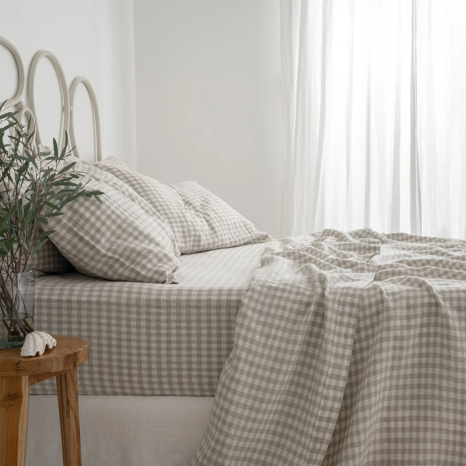 French Flax Linen Sheet Set in Beige Gingham - Image 8