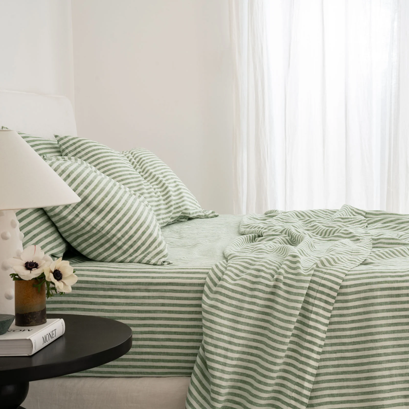 French Flax Linen Sheet Set in Ivy Stripe - Image 11