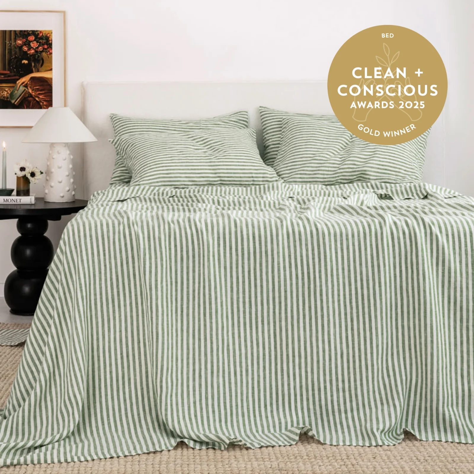 French Flax Linen Sheet Set in Ivy Stripe - Image 4