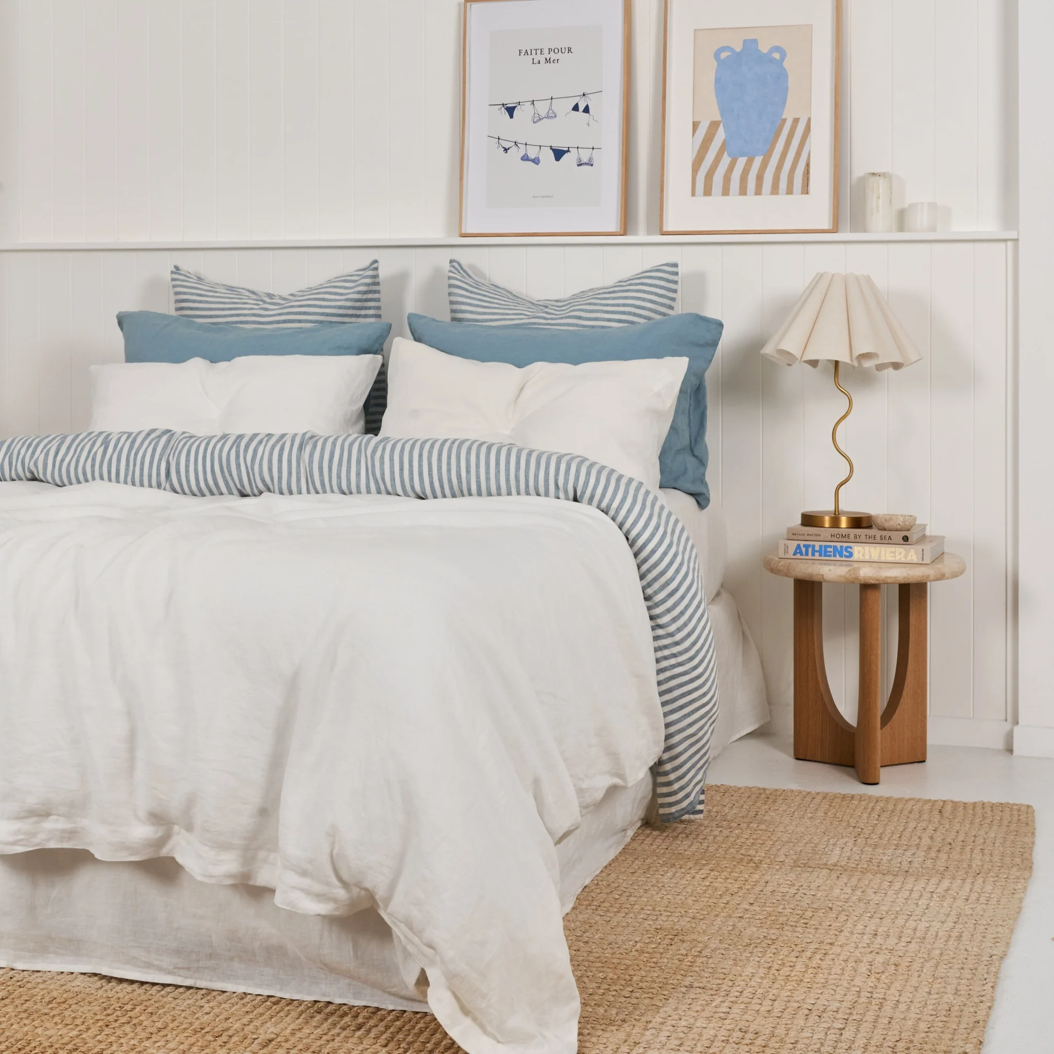 French Flax Linen Flat Sheet in Marine Blue Stripe - Image 6