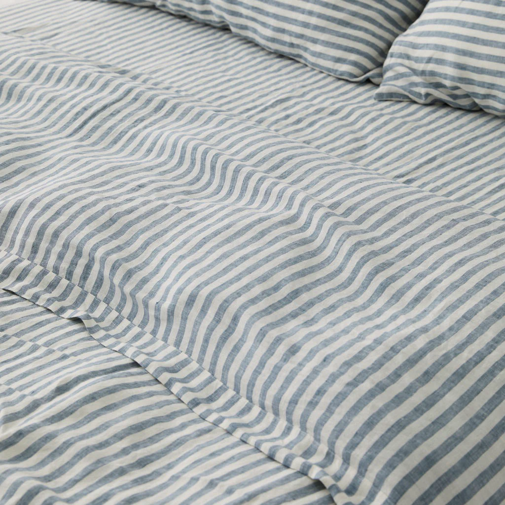 French Flax Linen Sheet Set in Marine Blue Stripe - Image 7