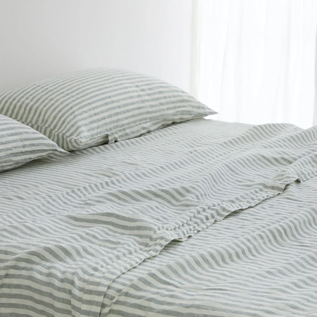 French Flax Linen Sheet Set in Sage Stripe - Image 4