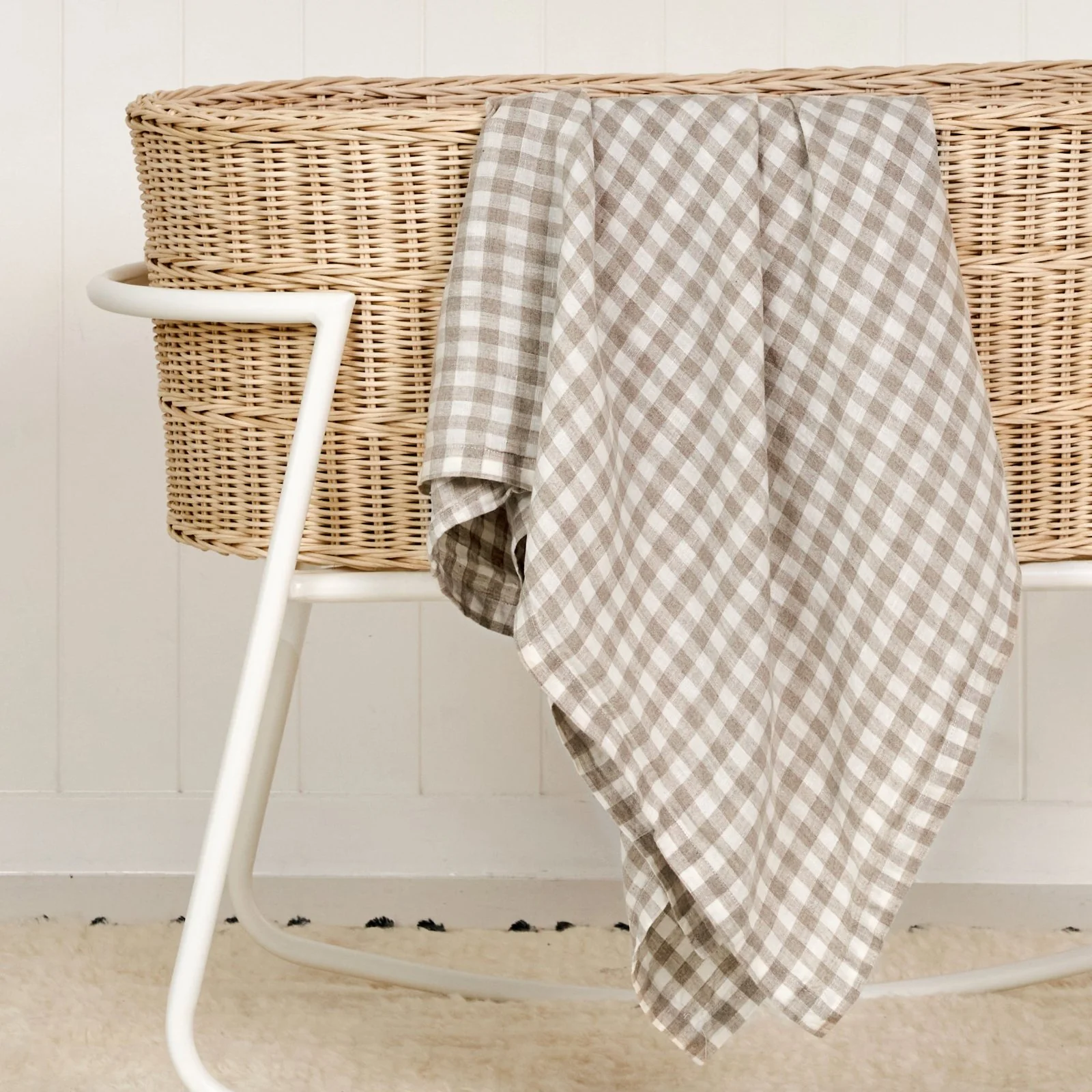 French Flax Linen Swaddle in Beige Gingham - Image 2