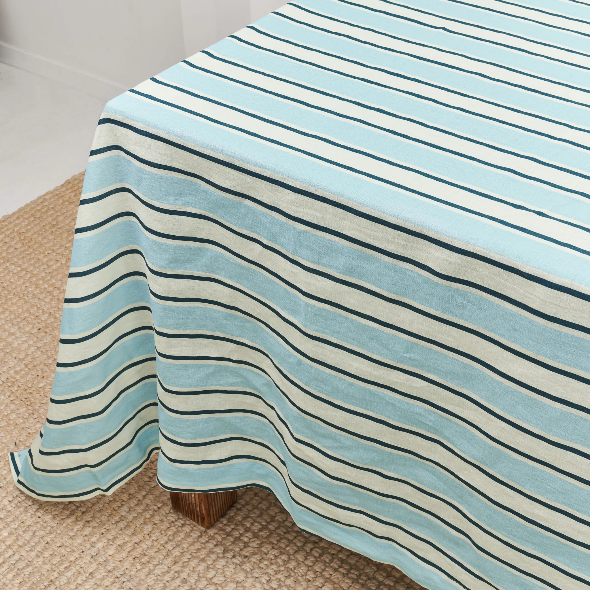 French Flax Linen Table Cloth in Blue Stripe - Image 7