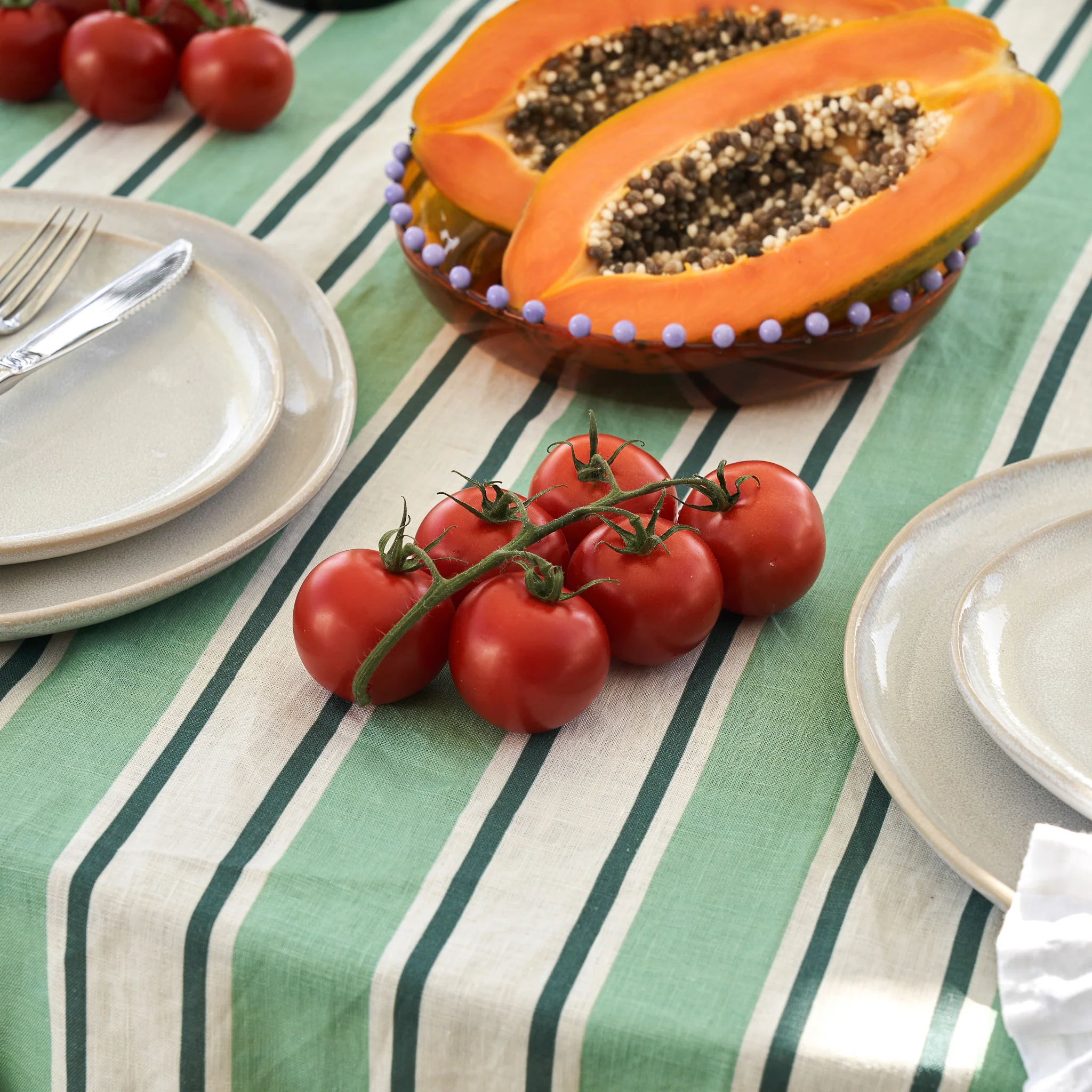 French Flax Linen Table Cloth in Green Stripe - Image 2