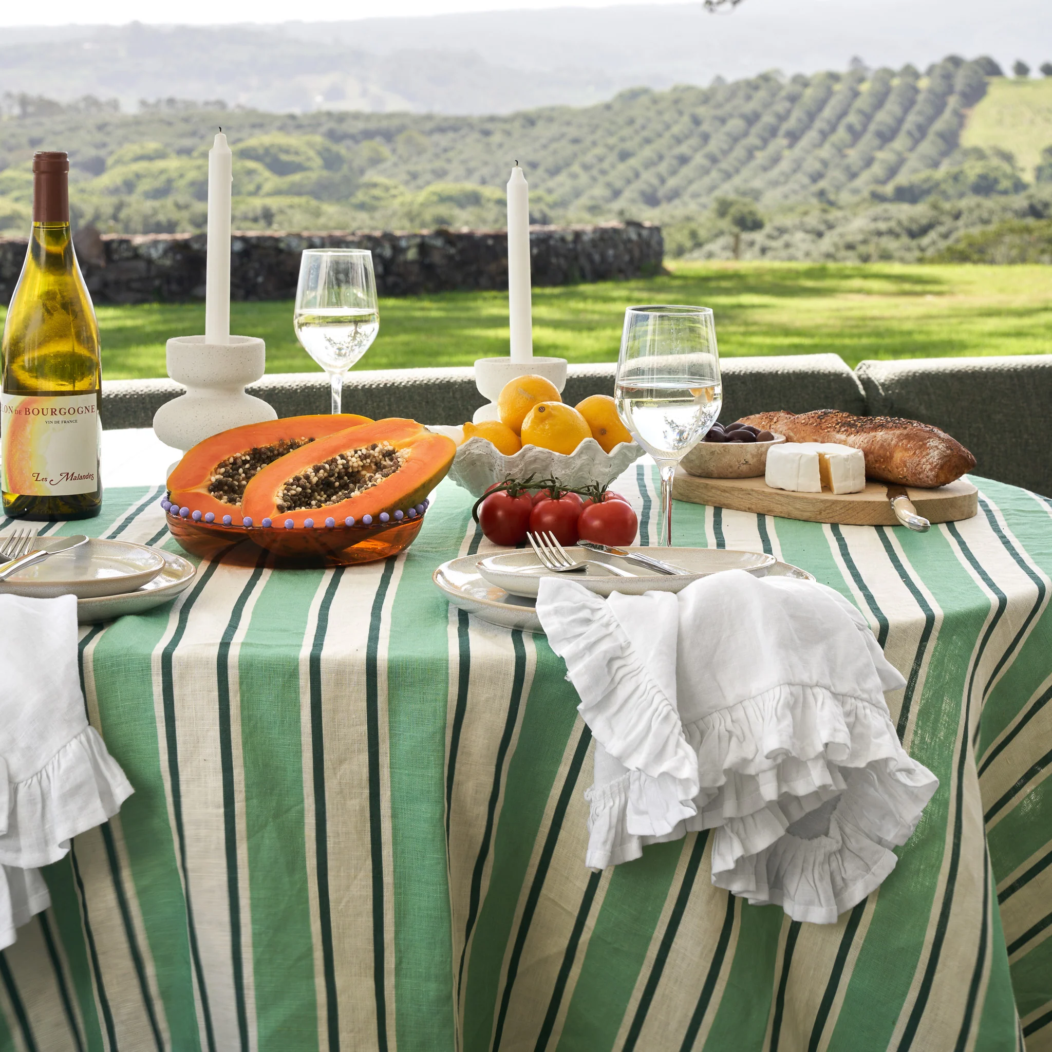 French Flax Linen Table Cloth in Green Stripe - Image 3