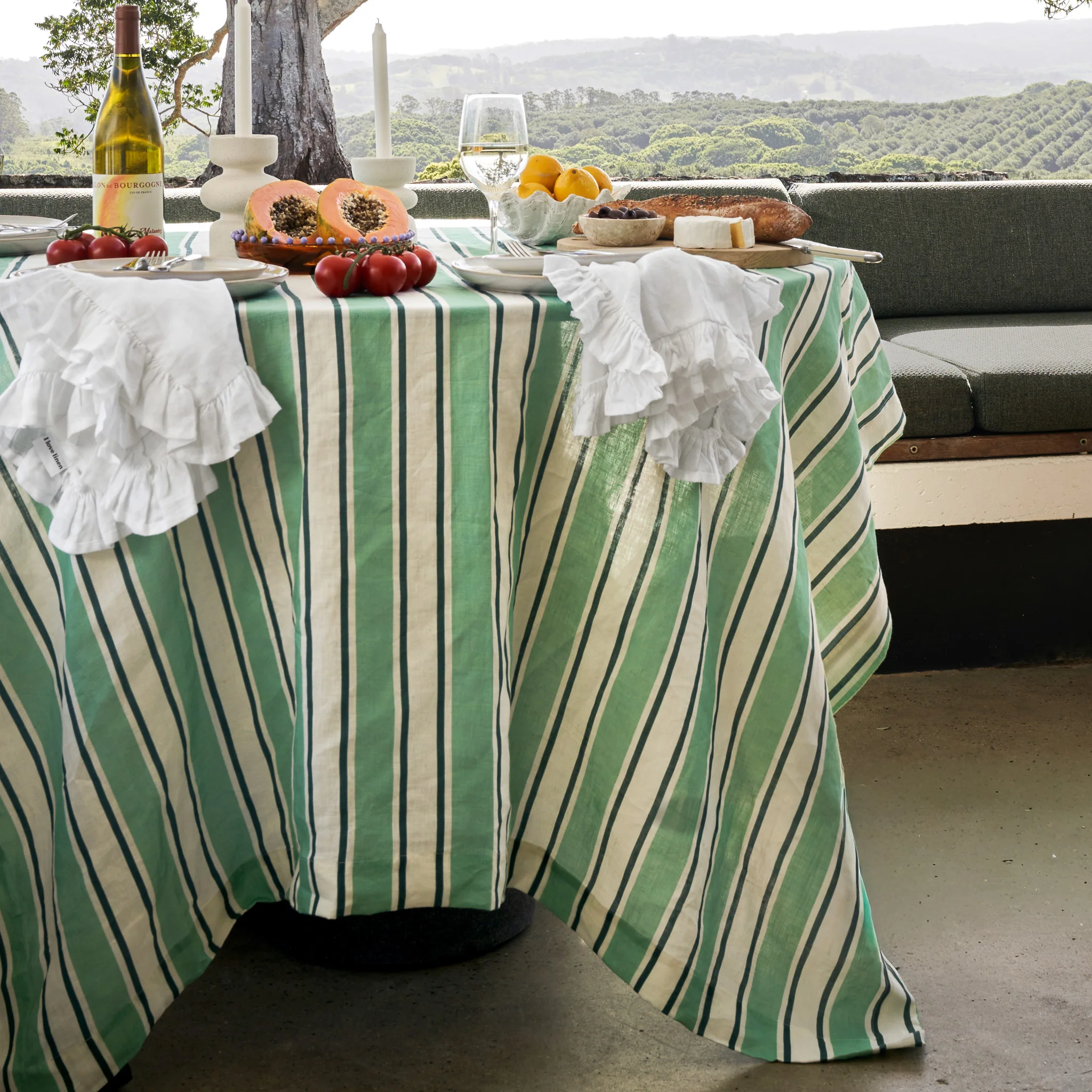 French Flax Linen Table Cloth in Green Stripe - Image 7