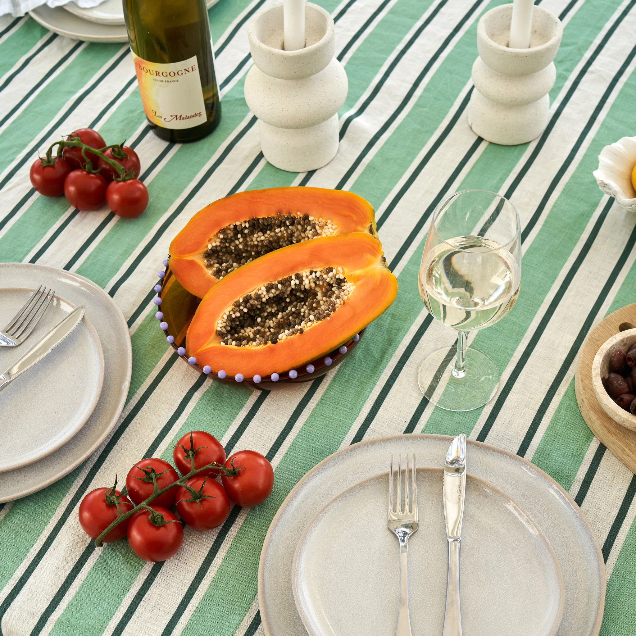 French Flax Linen Table Cloth in Green Stripe - Image 8
