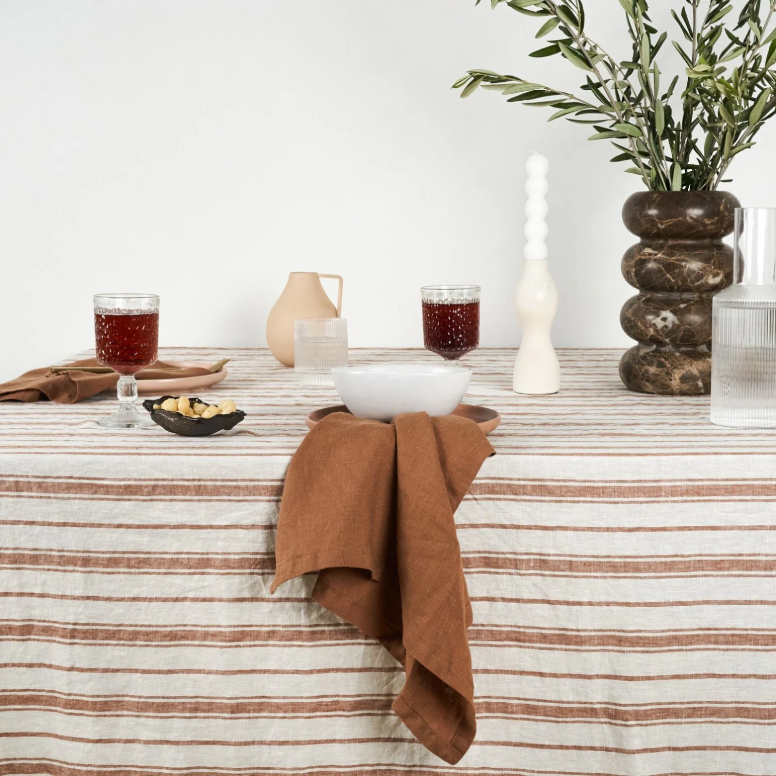French Flax Linen Table Cloth in Hazelnut Stripe - Image 3