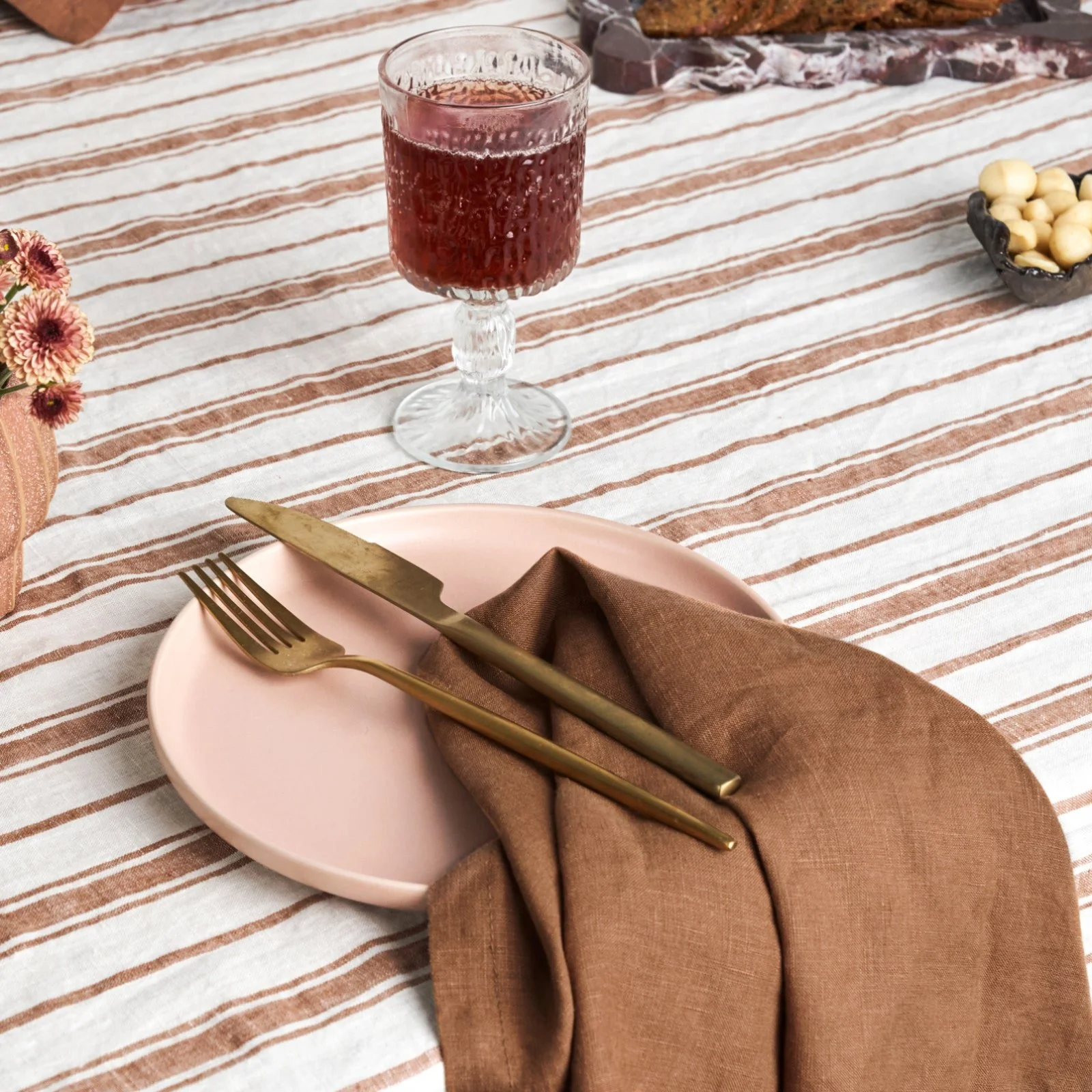 French Flax Linen Table Cloth in Hazelnut Stripe - Image 5
