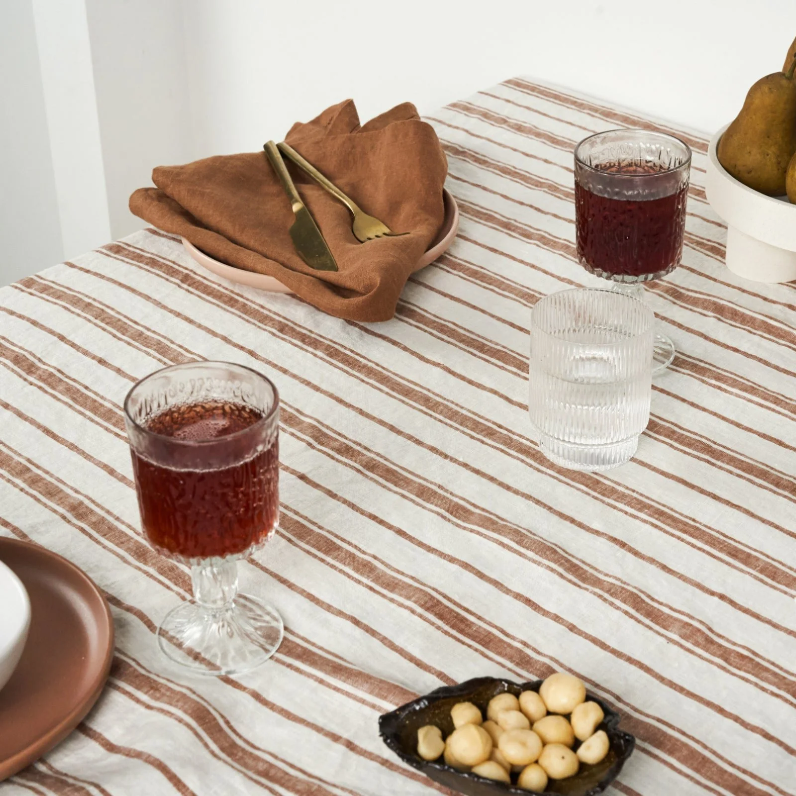 French Flax Linen Table Cloth in Hazelnut Stripe - Image 8