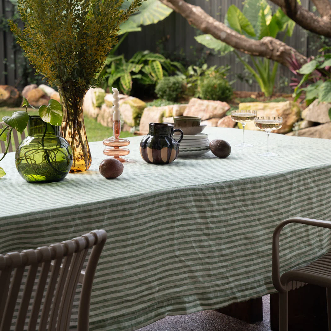 French Flax Linen Table Cloth in Ivy Stripe - Image 11
