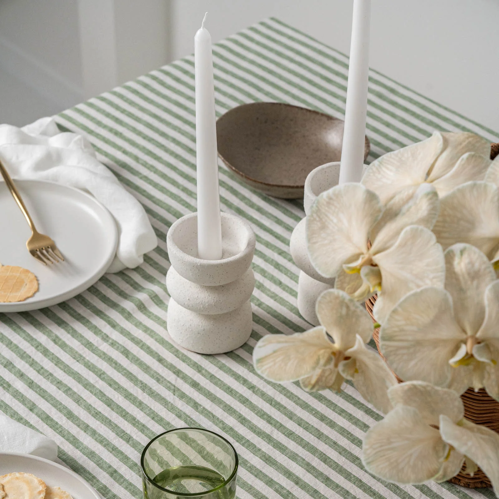 French Flax Linen Table Cloth in Ivy Stripe - Image 2