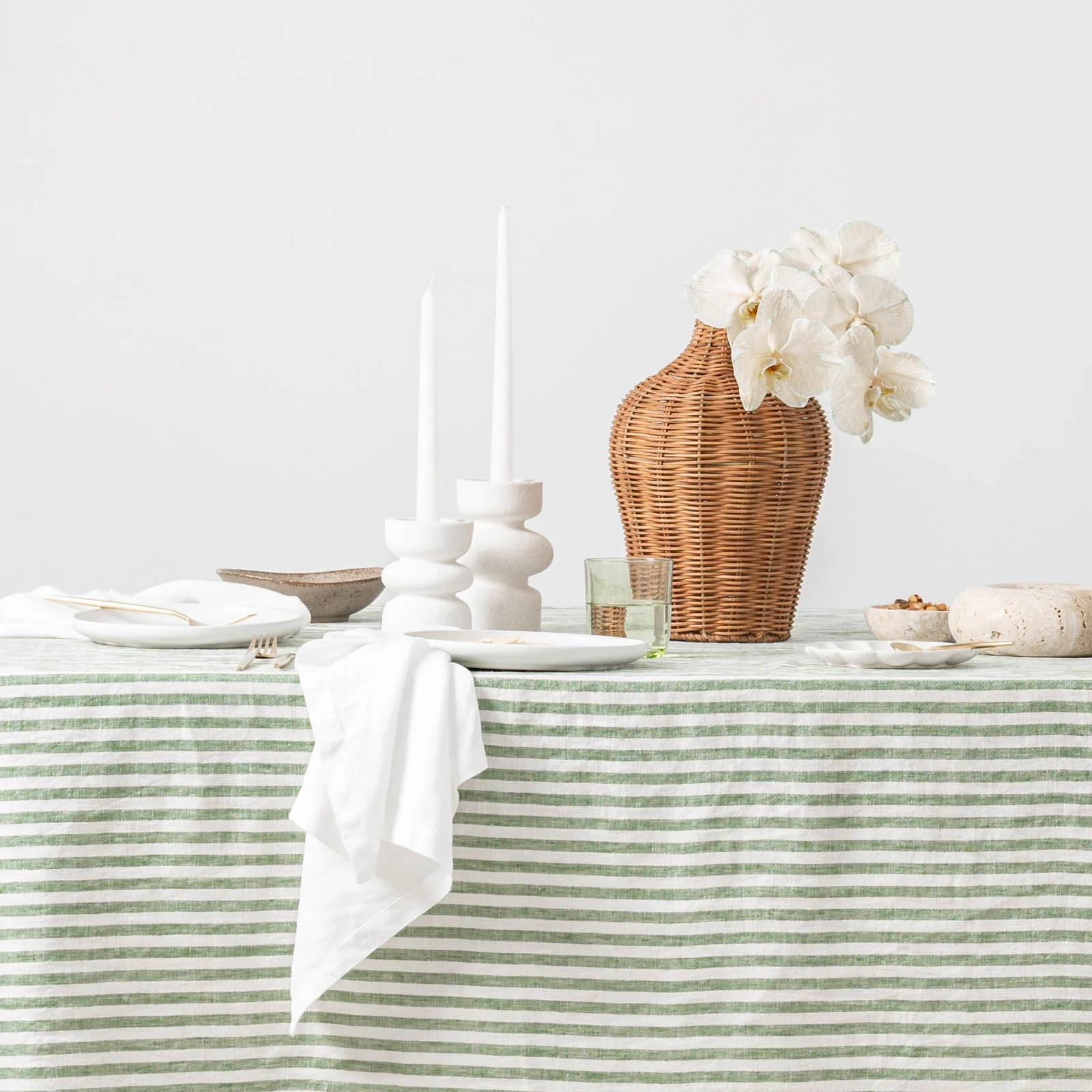 French Flax Linen Table Cloth in Ivy Stripe - Image 3