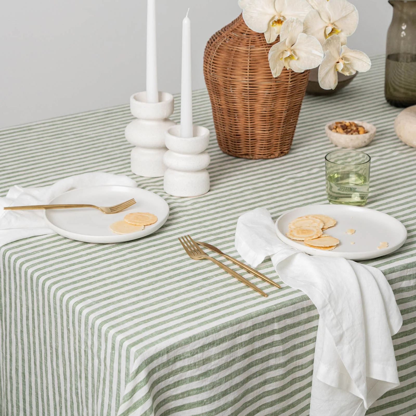 French Flax Linen Table Cloth in Ivy Stripe - Image 4