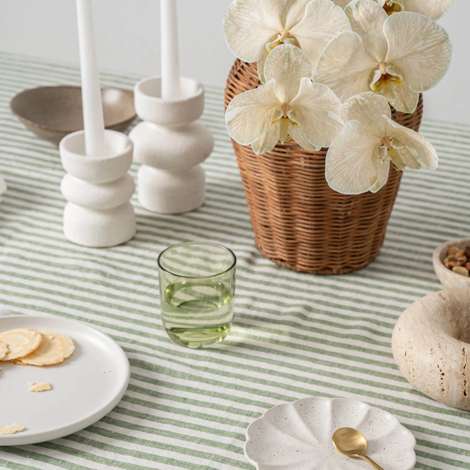 French Flax Linen Table Cloth in Ivy Stripe - Image 5