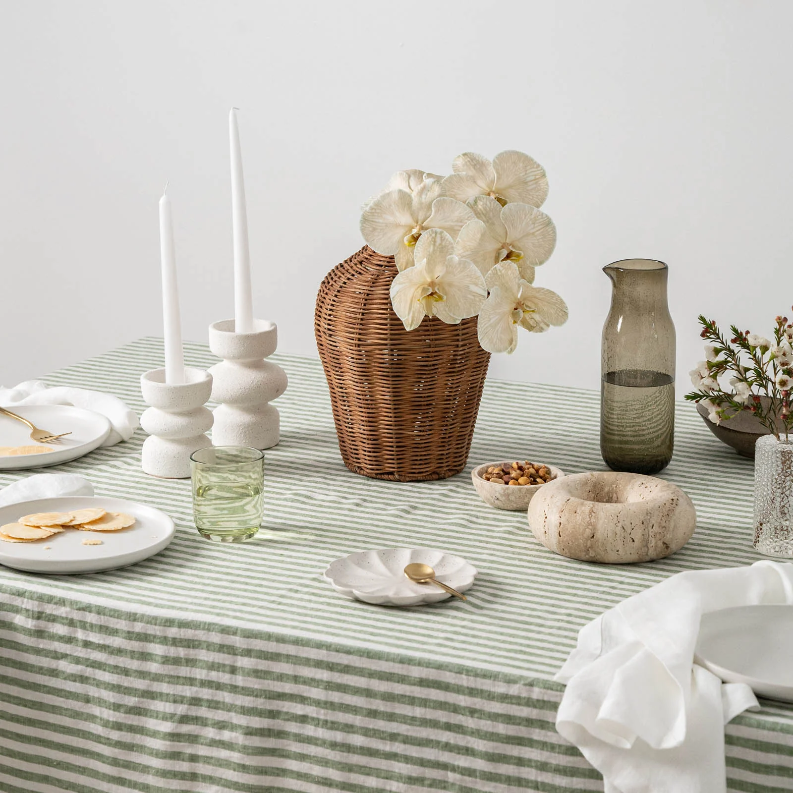 French Flax Linen Table Cloth in Ivy Stripe - Image 6