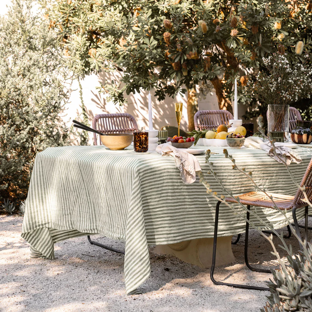 French Flax Linen Table Cloth in Ivy Stripe - Image 9