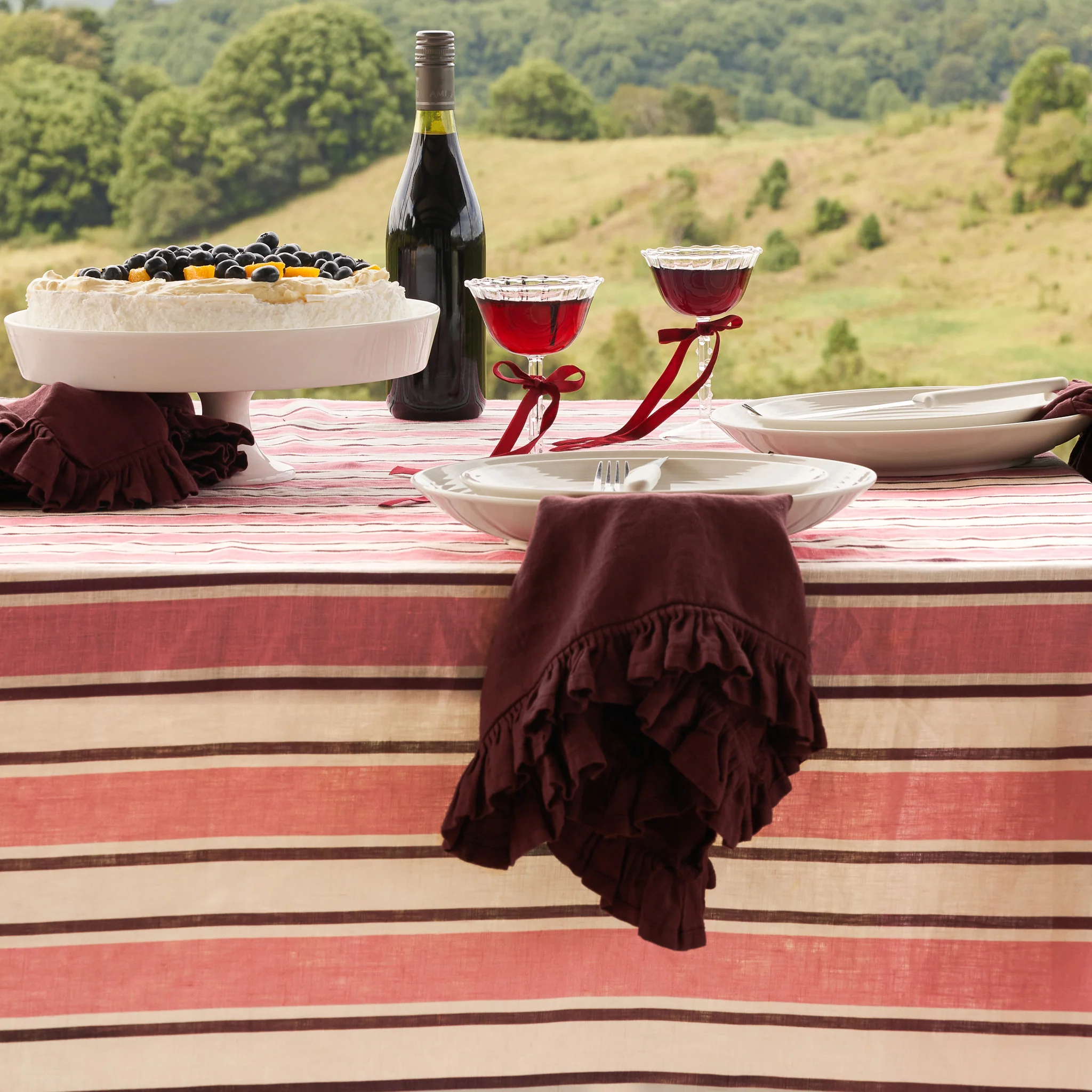 French Flax Linen Table Cloth in Pink Stripe - Image 4