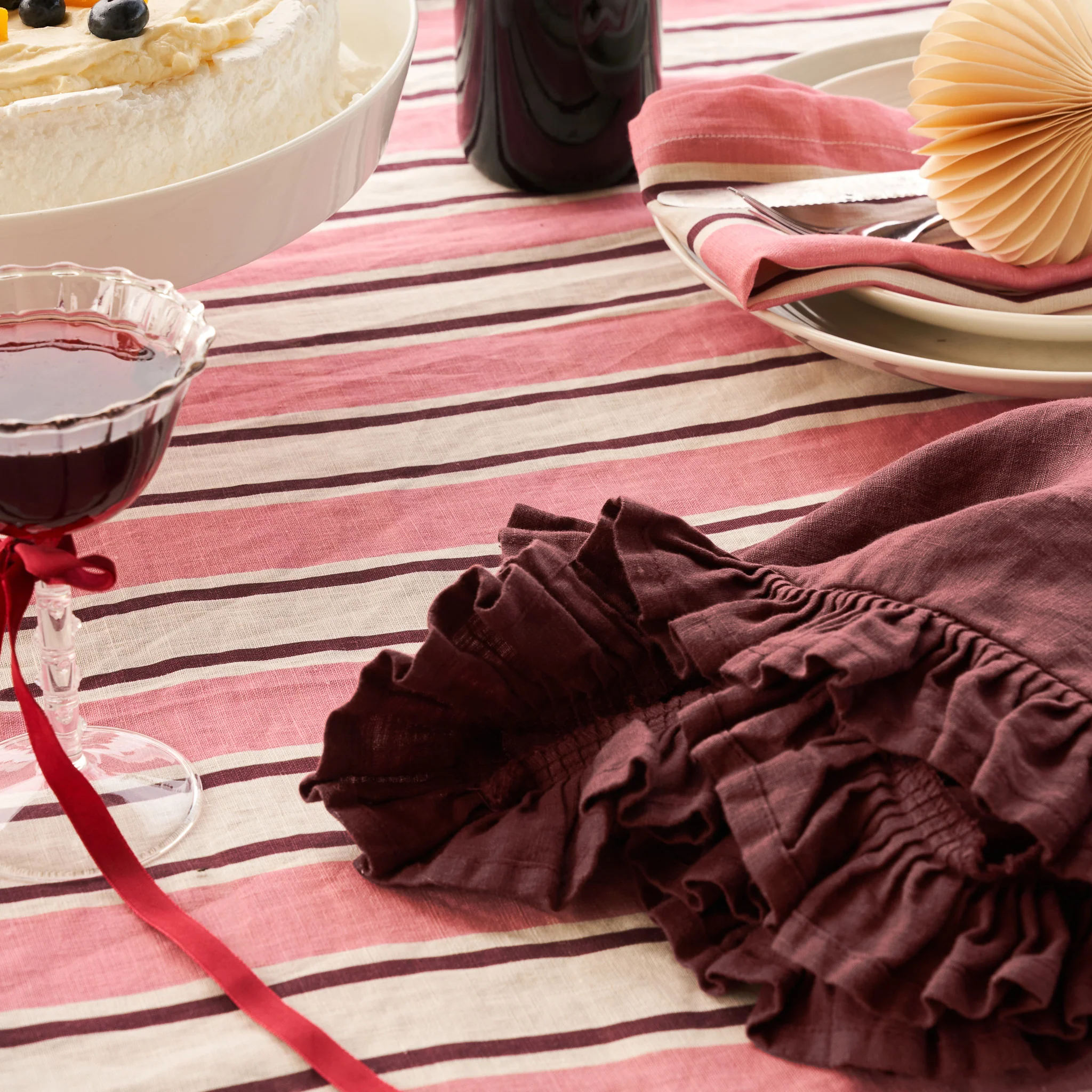 French Flax Linen Table Cloth in Pink Stripe - Image 6